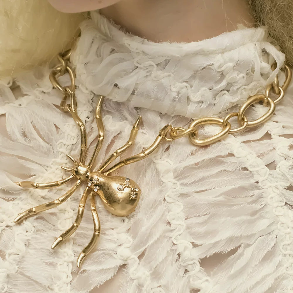 European And American Big-Name Retro Design Niche Metal Spider Necklace Set Funny Exaggerated Ring Earrings