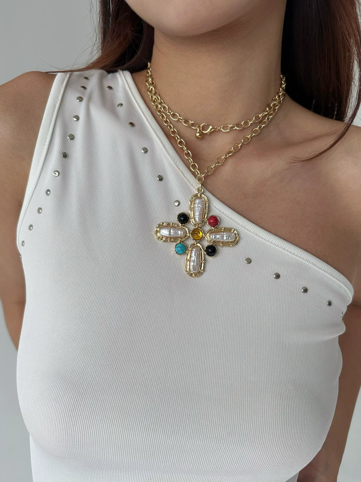 Atmshop Retro Fashion Colorful Inlaid Exaggerated Cross Blogger Stacked Gold Long Necklace Sweater Chain