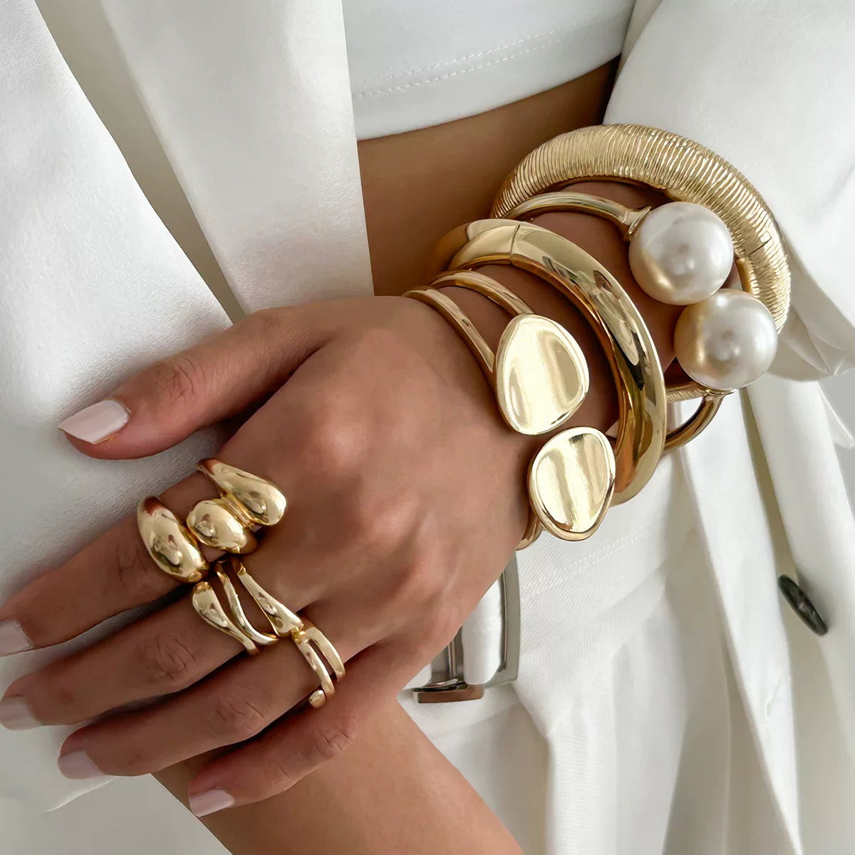 Detsccda | 2026 Women's Large Pearl Open Cuff Bracelet with Water Drop Wide Pattern and Spring Buckle Statement Jewelry