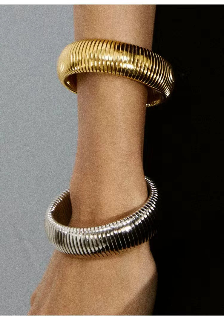 Niche Design Minimalist Wide Version Elastic Vertical Stripe Ring Bracelet Stacked With Vintage Vintage Texture Bracelet