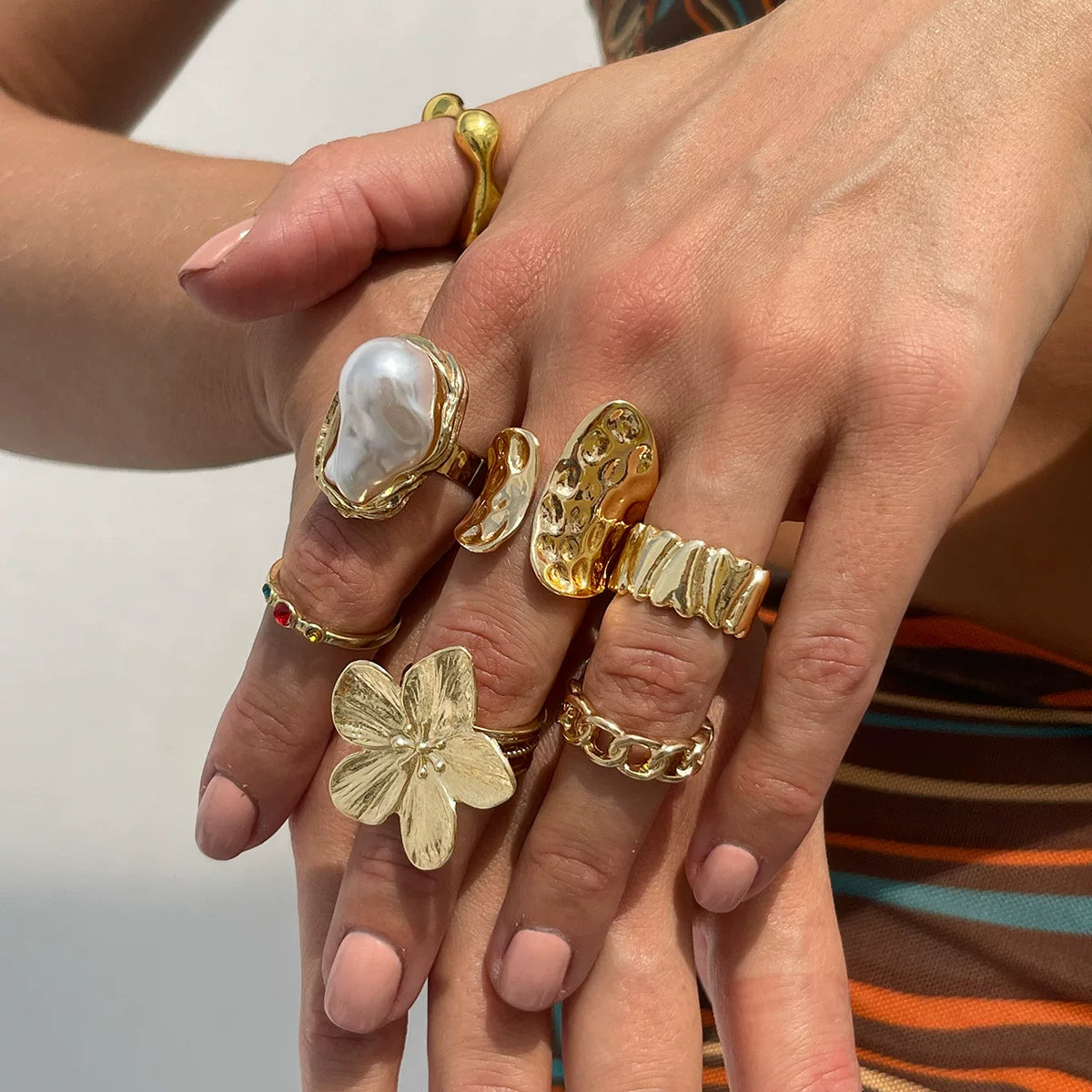 European And American Cross-Border Ins Baroque Imitation Pearl Inlaid Gemstone Ring Design Liquid Lava Flower Open Ring