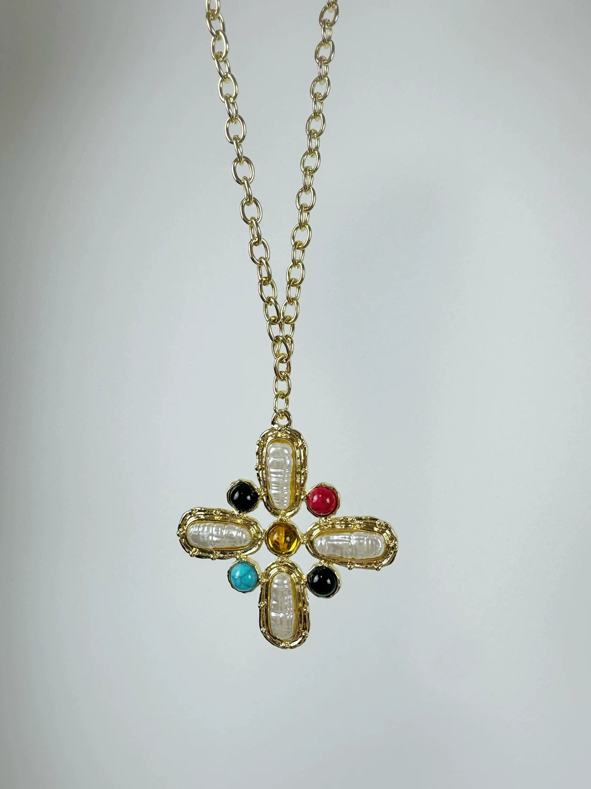 Atmshop Retro Fashion Colorful Inlaid Exaggerated Cross Blogger Stacked Gold Long Necklace Sweater Chain