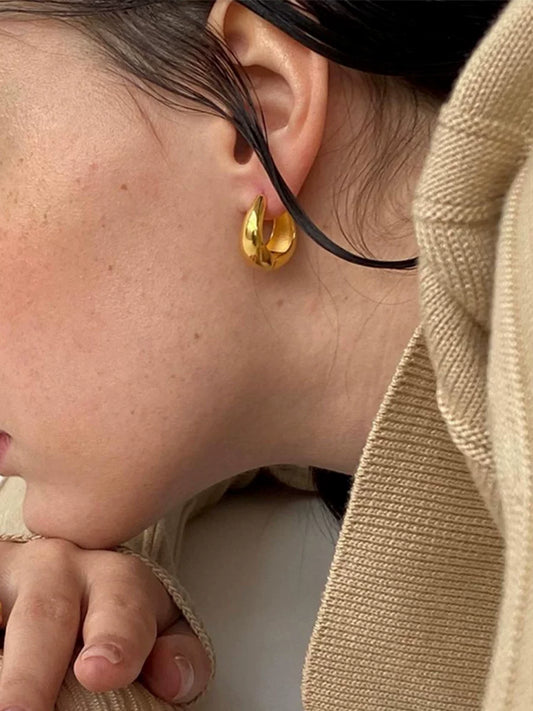 French Trendy Brand Chunky Earring European And American Minimalist Glossy Brass Plated 18K Gold Drop Earrings And Earrings