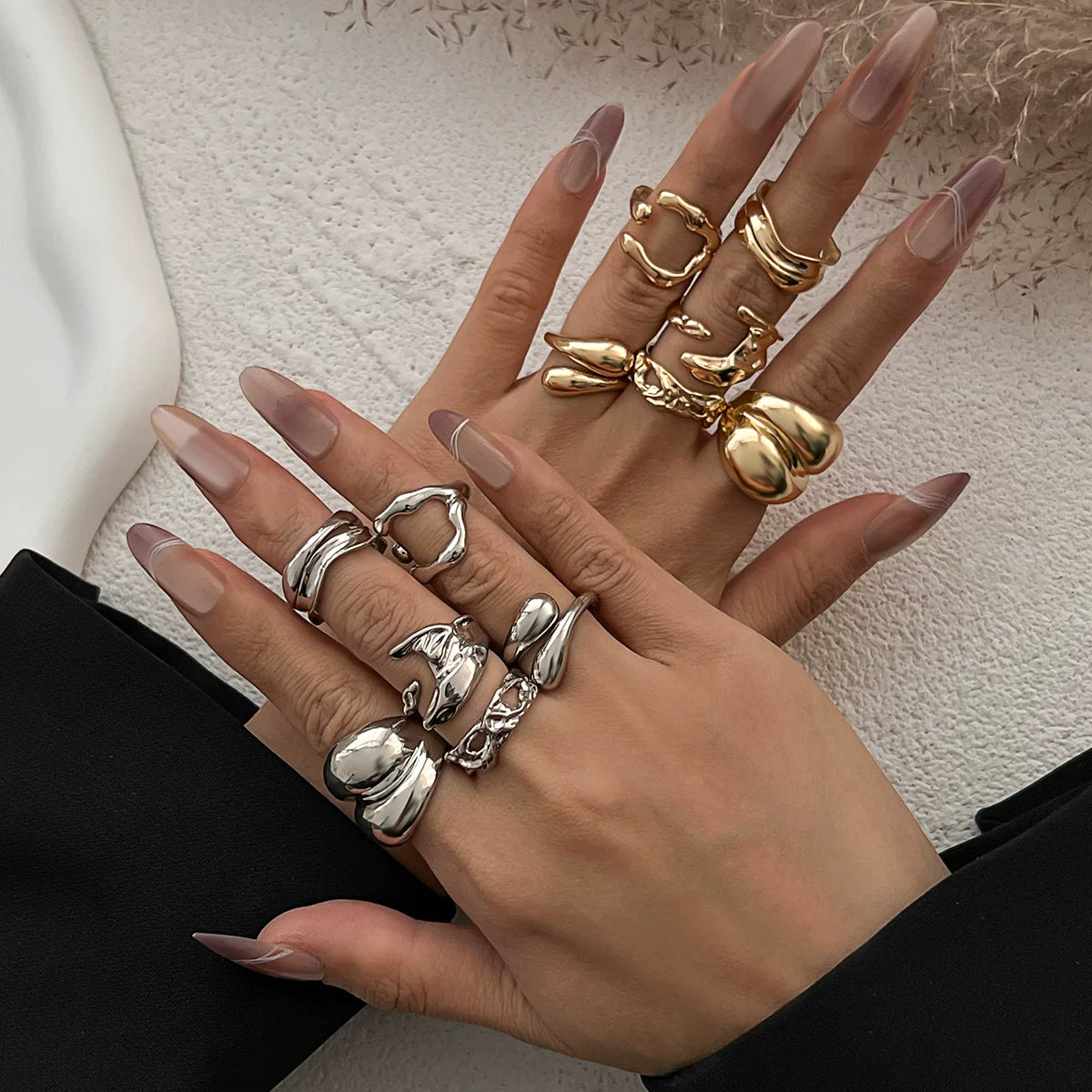 European And American Cross-Border Fashion Metal Liquid Lava Open Ring Set Ins Scenery Water Drop Hug Ring For Women