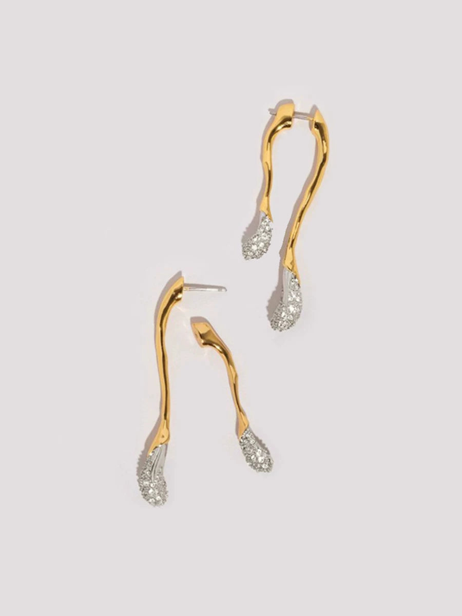 Detsccda | Minimalist Long Slim Earrings Gold and Silver Contrast Water Droplet Design Diamond Accent High-End European American Luxury Statement Jewelry 2026