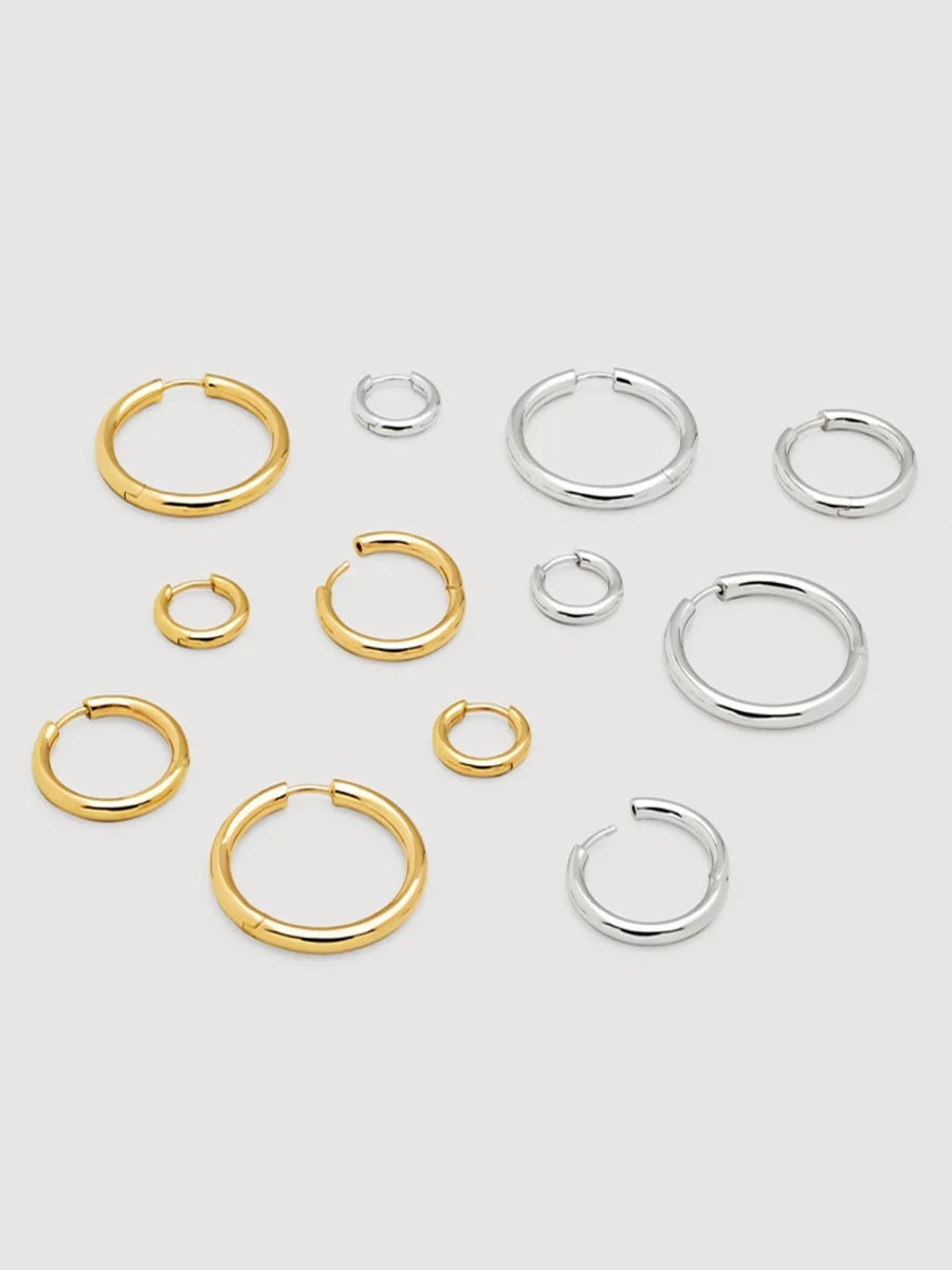 European And American Versatile Minimalist French Retro Style Gold-Plated Silver Anti-Allergenic Glossy Ring Plain Ring Stacked Earrings