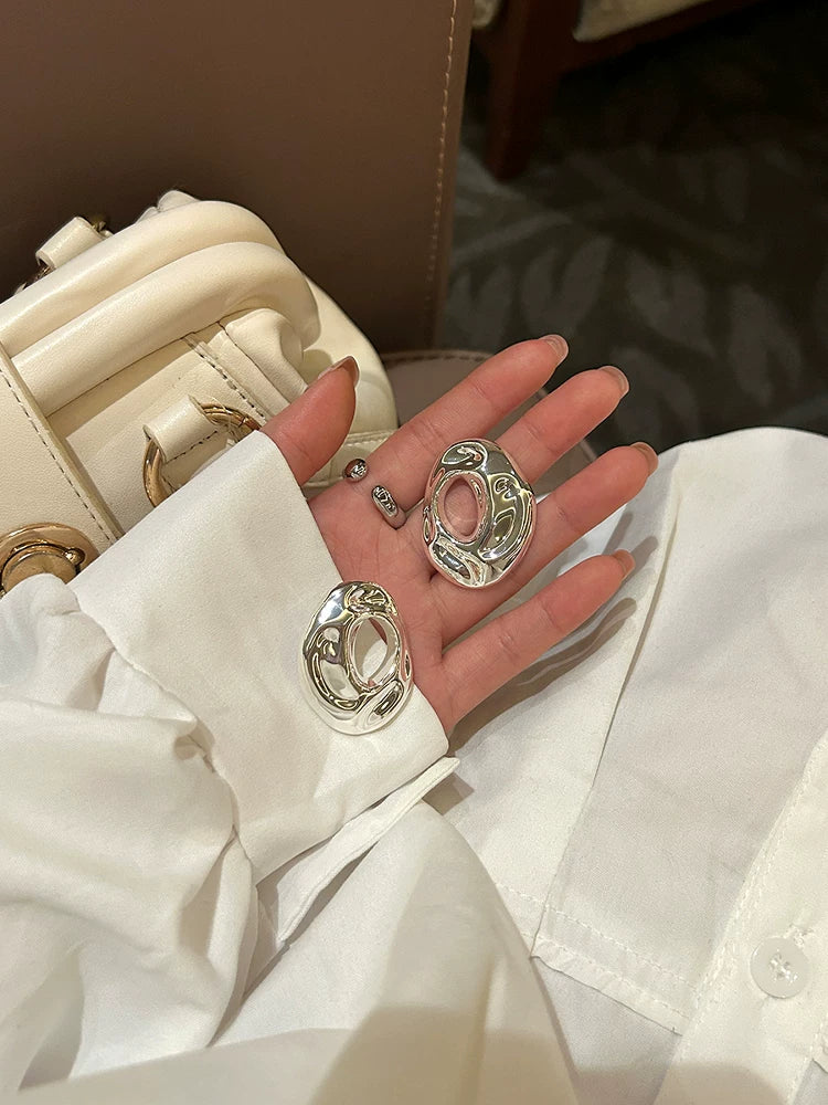 High-Intelligence, Fashionable And Cool Style, Extremely Simple, Geometric And Irregular Shape, Metal Hollow Ring Stud Earrings