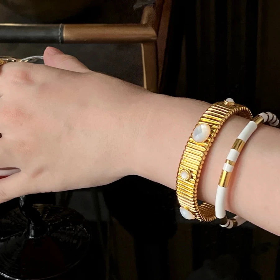 French Niche Design Natural Gemstone Agate Inlaid Bracelet, Vintage Vintage Gold Elastic Bracelet Stacked