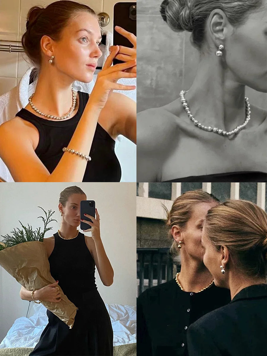 Jilifang Danish Girl Niche Retro European And American French Versatile Large And Small Round Ball Gold-Plated Earrings And Earrings