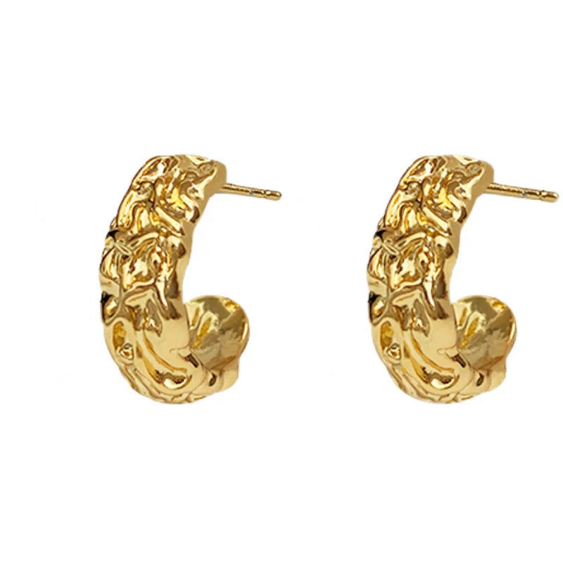 Niche Designer French Lazy European And American Retro Metal Carved Lava Pleat Hypoallergenic Earrings S925 Silver Needle