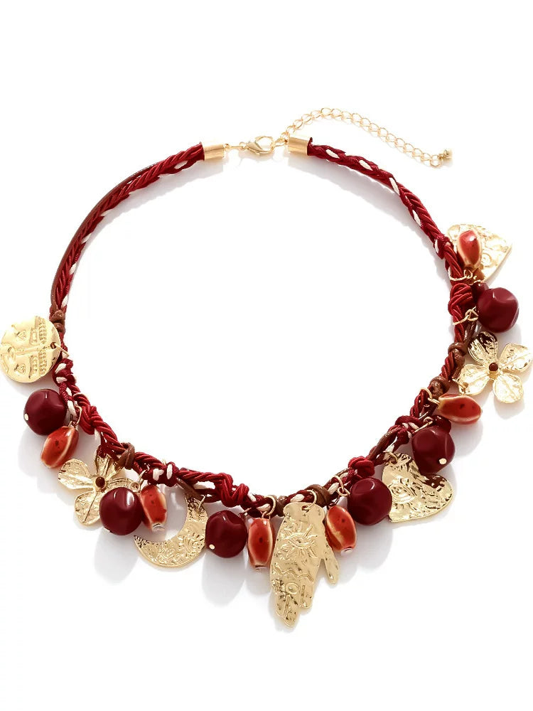 Bohemian Ethnic Style Hand-Woven Beaded Love Flower Moon Necklace Holiday Street Style Fashion Neck Necklace
