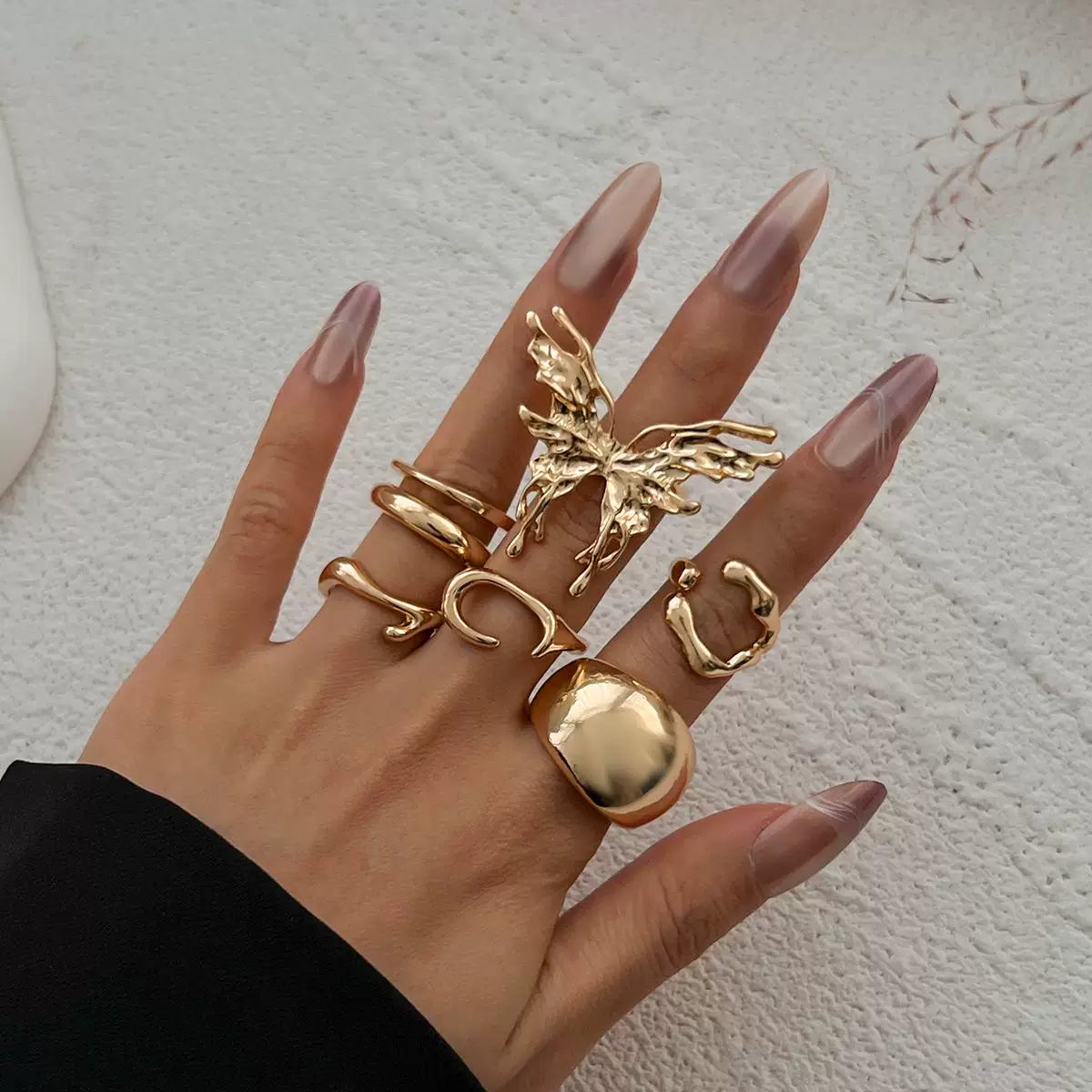 European And American Cross-Border Ins Style Liquid Lava Butterfly Ring Set Design Stacked Metal Glossy Open Ring