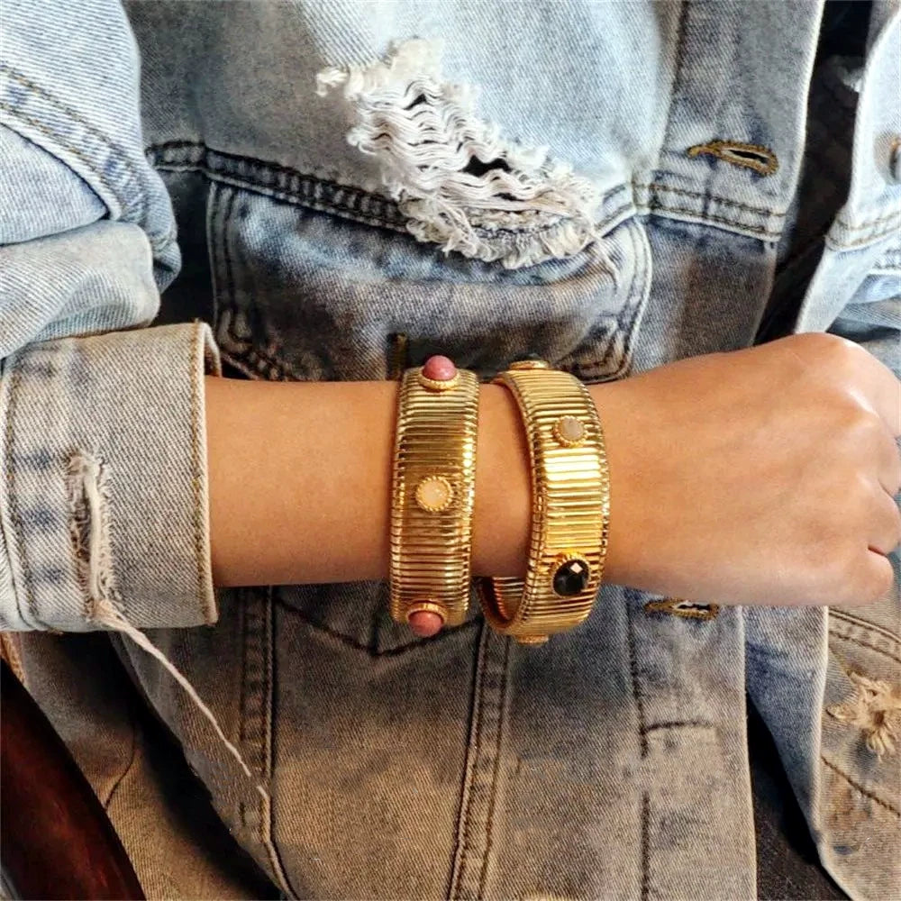 French Niche Design Natural Gemstone Agate Inlaid Bracelet, Vintage Vintage Gold Elastic Bracelet Stacked