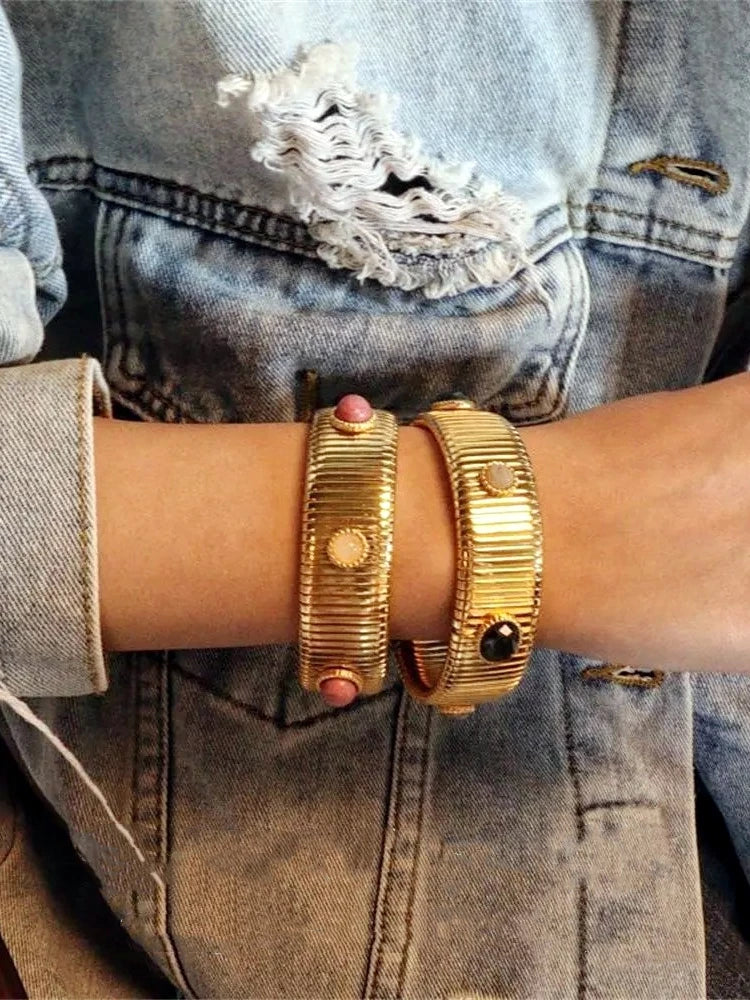 French Niche Design Natural Gemstone Agate Inlaid Bracelet, Vintage Vintage Gold Elastic Bracelet Stacked
