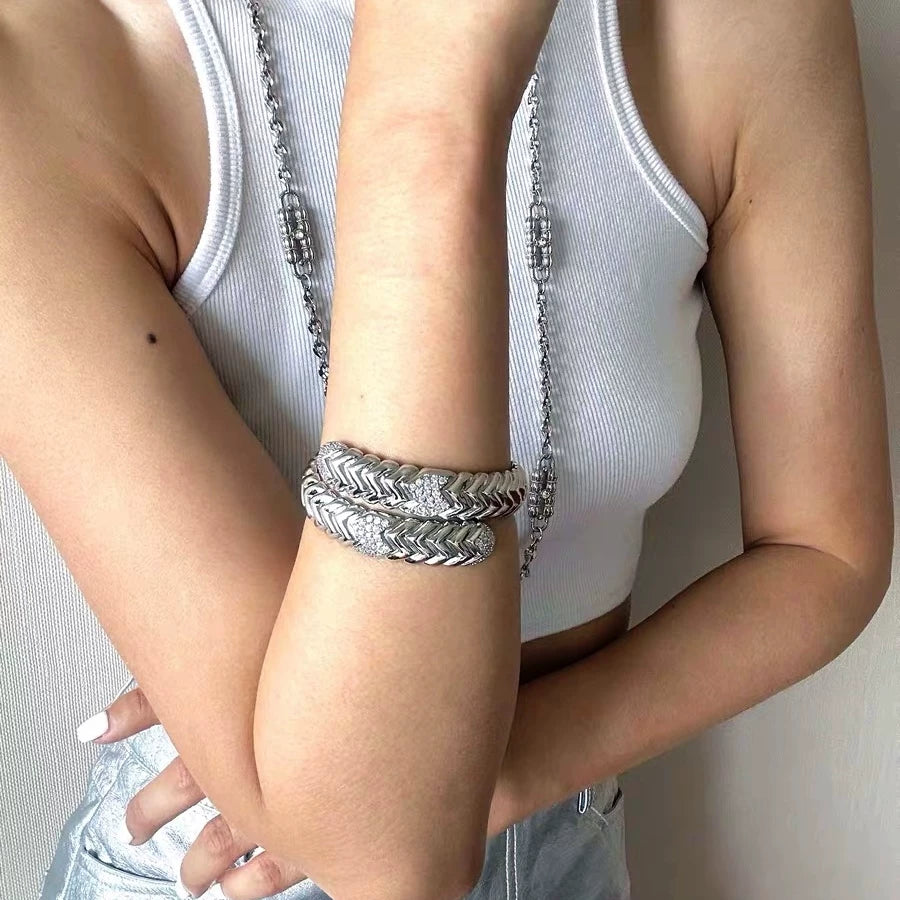 European And American Niche Design, Medieval Vintage Double-Layer Snake-Shaped Bracelet, Retro Double-Layer Stacked Diamond-Encrusted Exaggerated Bracelet