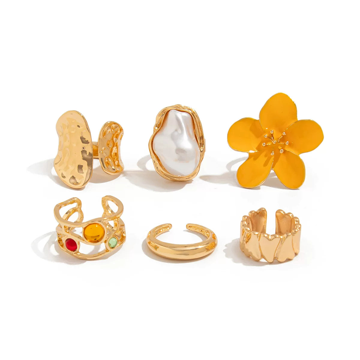 European And American Cross-Border Ins Baroque Imitation Pearl Inlaid Gemstone Ring Design Liquid Lava Flower Open Ring