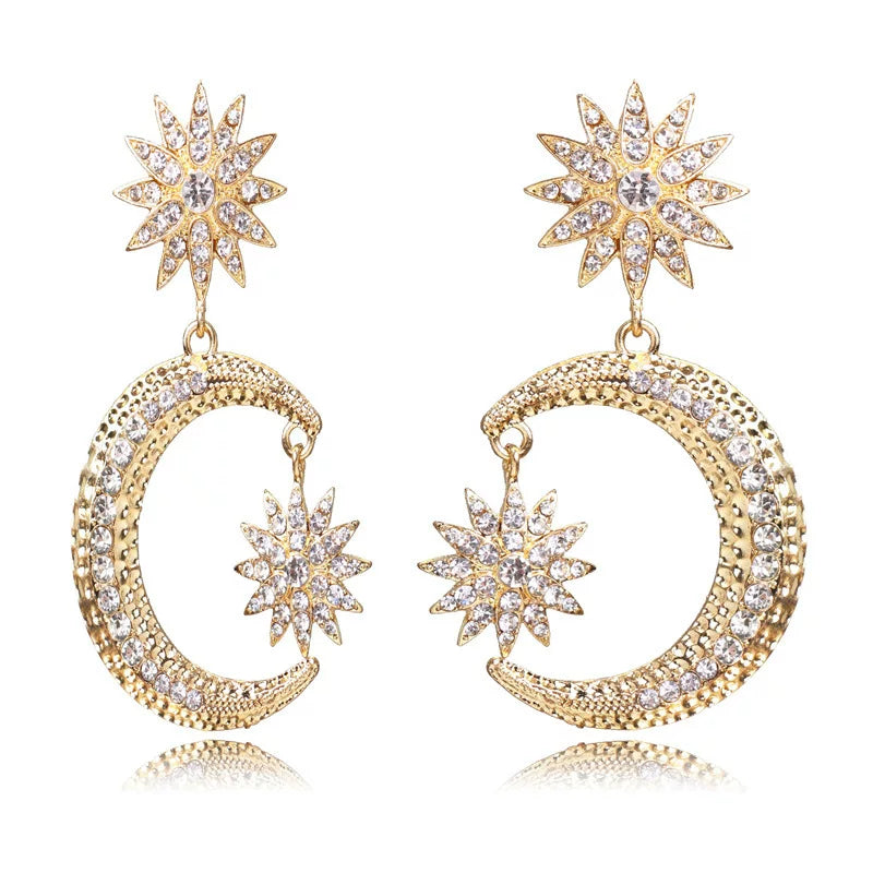 European And American Original Design Rhinestone Exaggerated Stars And Moon Long Version Full Diamond Street Shooting Sweet Alloy Earrings Earrings