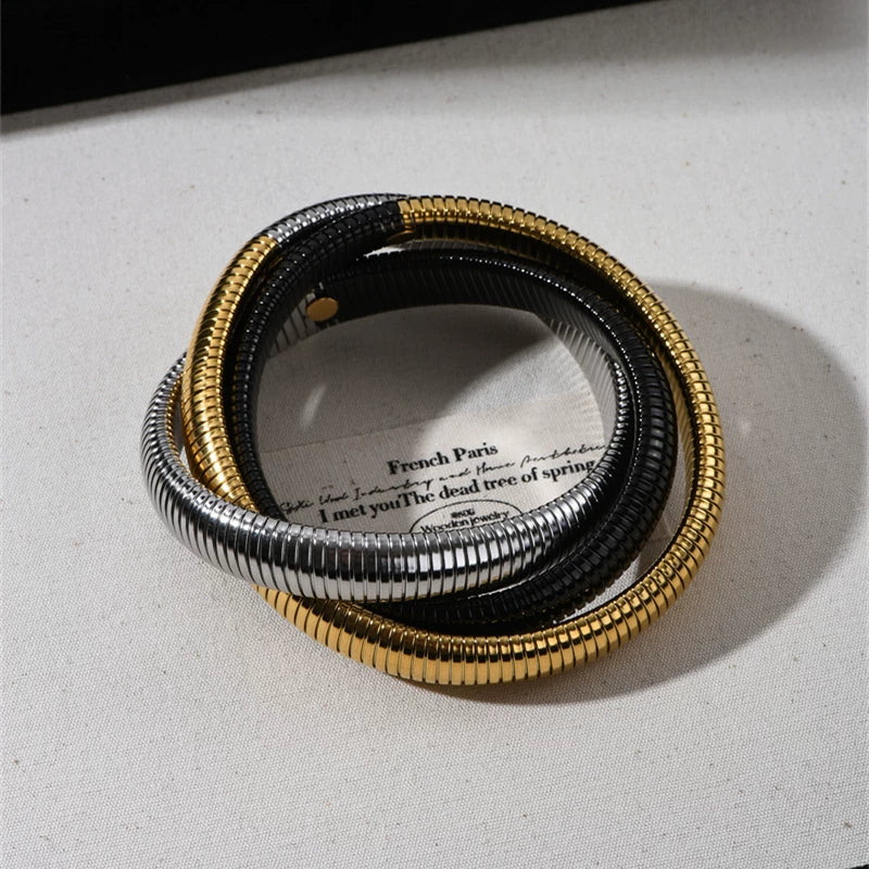 Threaded Metal Wide Spring Bracelet For Women, European And American Personality, Exaggerated, Fashionable, Versatile, Retro Temperament Bracelet, Bracelet