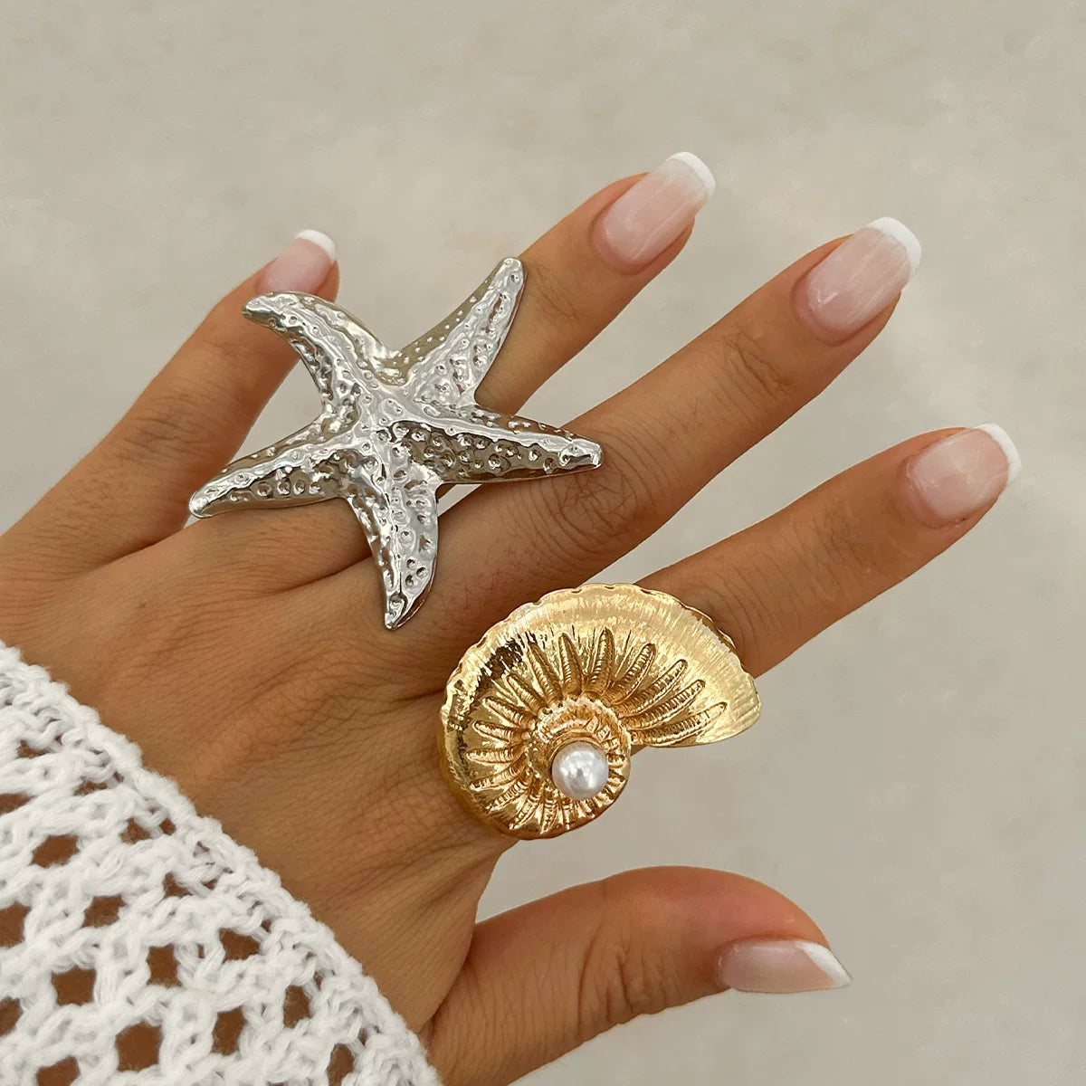 European And American Cross-Border Jewelry Beach Vacation Style Metal Starfish Ring Women'S Exaggerated Imitation Pearl Conch Adjustable Ring