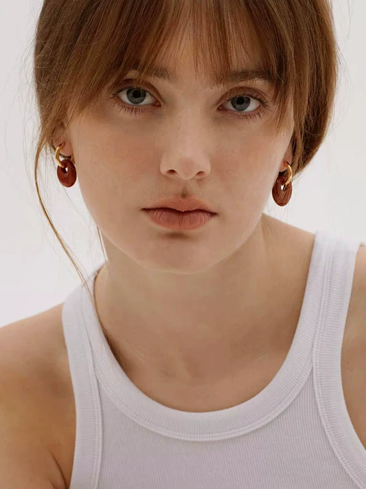 Maillard Retro Style French Style European And American Versatile New Natural Tiger Eye Stone Red Round Peace Buckle Earrings