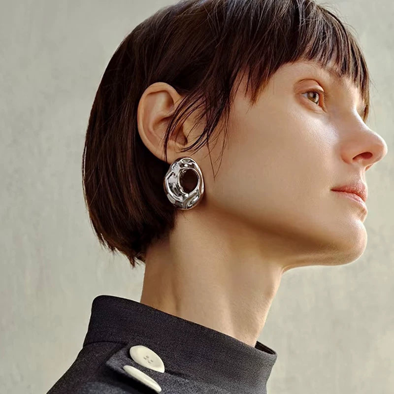 High-Intelligence, Fashionable And Cool Style, Extremely Simple, Geometric And Irregular Shape, Metal Hollow Ring Stud Earrings