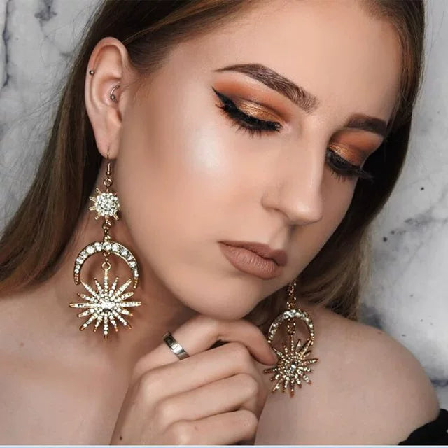 Detsccda | Original Design Rhinestone Stars and Moon Long Earrings Exaggerated Full Diamond Alloy Street Style Sweet Women’s Fashion Jewelry