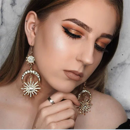 European And American Original Design Rhinestone Exaggerated Stars And Moon Long Version Full Diamond Street Shooting Sweet Alloy Earrings Earrings