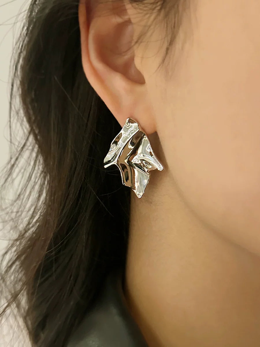 Niche Design, Fashionable European And American Minimalist Style, Personalized Geometric Rhombus Pleated Irregular Gold-Plated Silver Earrings And Ear Pins