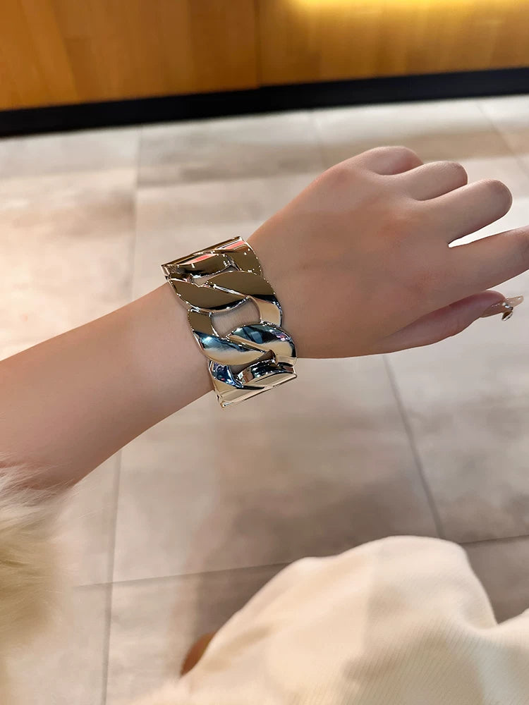 Detsccda | Personalized Exaggerated Metal Braided Heavy Industry Open Bracelet Wide Version Women’s European American Light Luxury Glossy Sweater Hand Jewelry