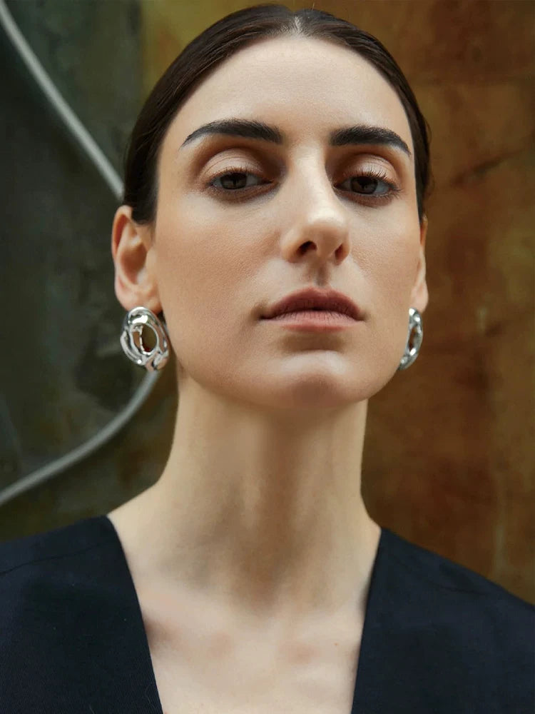 High-Intelligence, Fashionable And Cool Style, Extremely Simple, Geometric And Irregular Shape, Metal Hollow Ring Stud Earrings