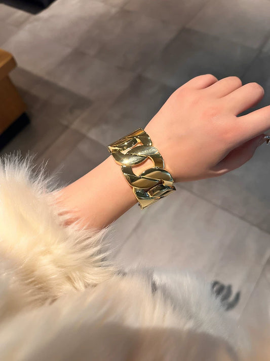 Personalized Exaggerated Metal Braided Heavy Industry Open Bracelet For Women European And American Style Light Luxury Glossy Sweater Bracelet Wide Version Hand Decoration