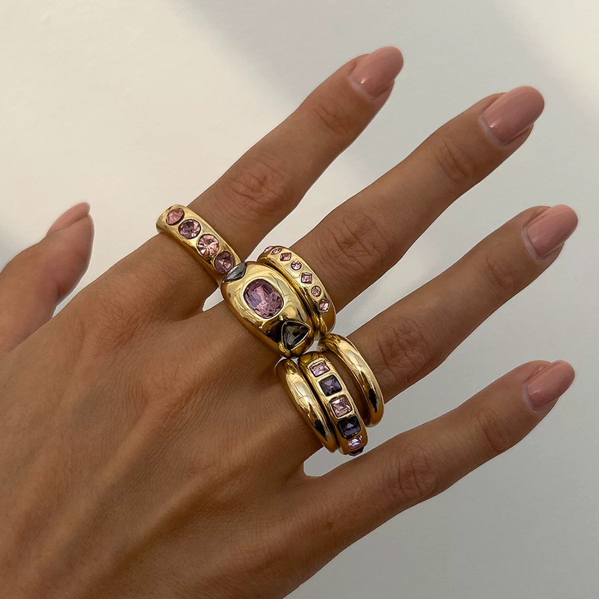 Detsccda | 2026 Women's Personalized Stackable Colorful Gemstone Ring Set with Glossy Metal Finish Statement Jewelry