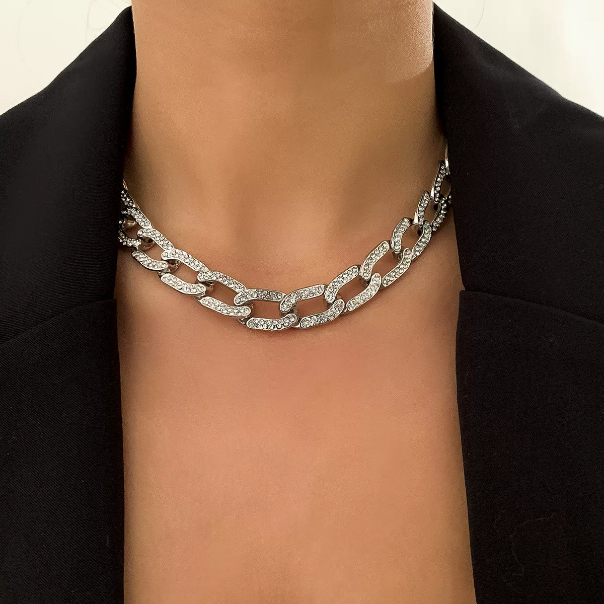 European And American Cross-Border Jewelry, Hip-Hop Diamond-Filled Cuban Chain Necklace For Women, Punk Simple Metal Chain Necklace With Rhinestones