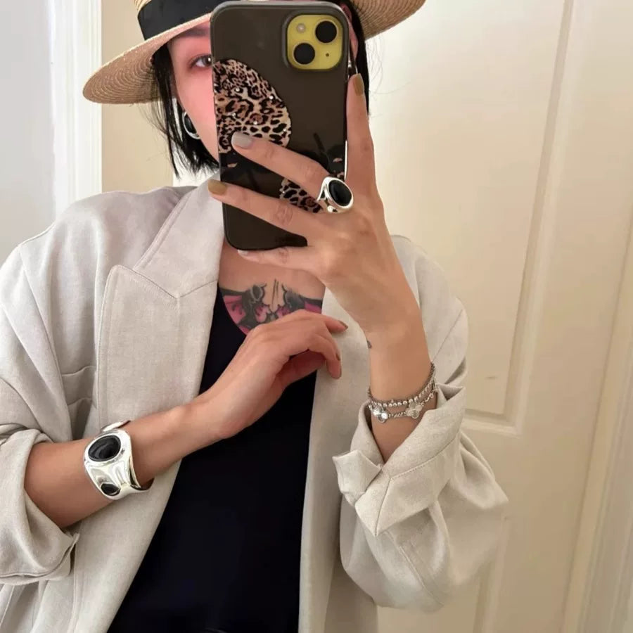 Niche Design Black Onyx Inlaid Bracelet New Chinese Style Metal Opening Adjustable Bracelet European And American Fashion Versatile Women