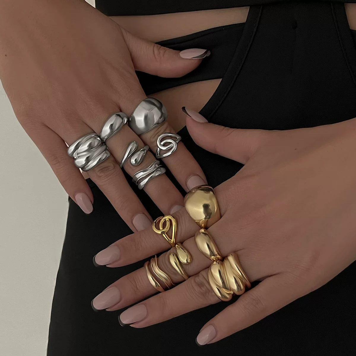 European And American Cross-Border Ins Style Liquid Metal Pleated Open Ring Women'S Design Irregular Lava Ring Rings