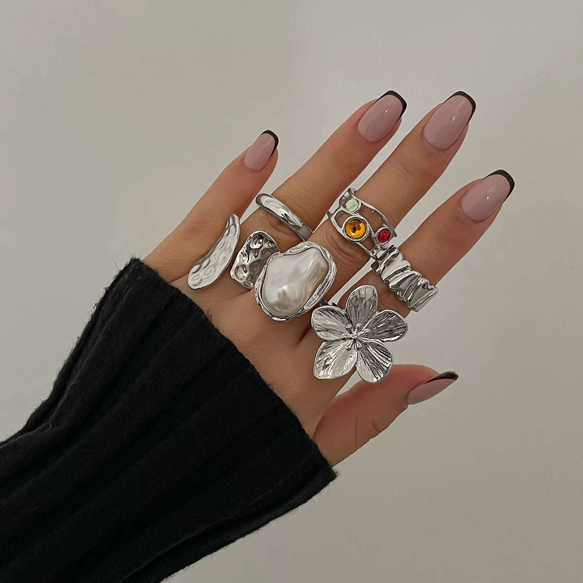 European And American Cross-Border Ins Baroque Imitation Pearl Inlaid Gemstone Ring Design Liquid Lava Flower Open Ring