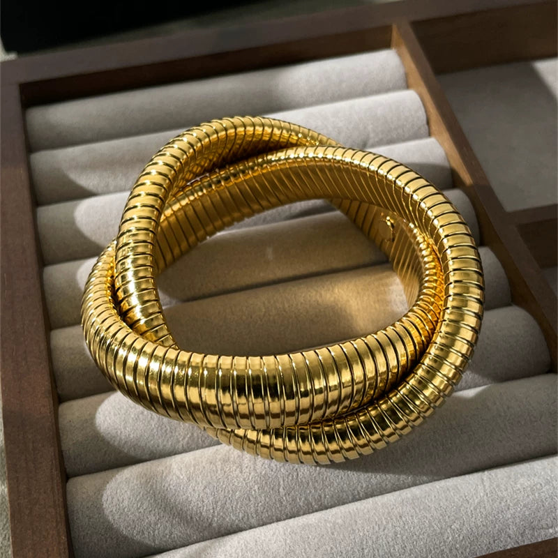 Detsccda | Threaded Metal Wide Spring Bracelet Women’s European American Personality Exaggerated Fashionable Versatile Retro Temperament Hand Jewelry