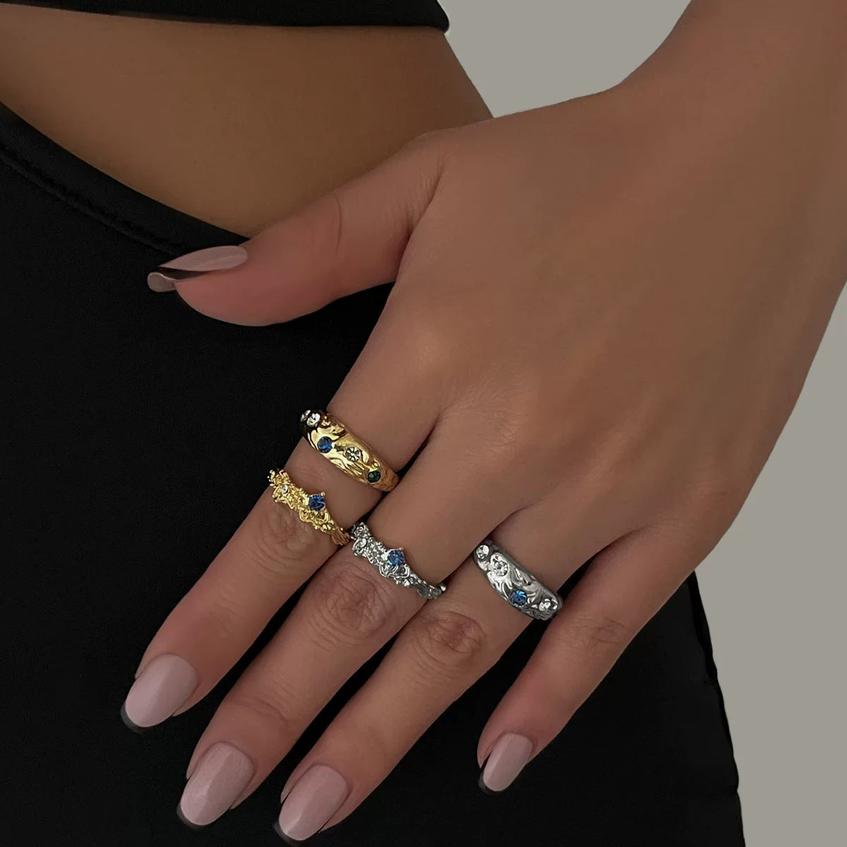 European And American Cross-Border Liquid Lava Metal Pleated Ring Set Ins Style Irregular Diamond Open Ring Bracelet