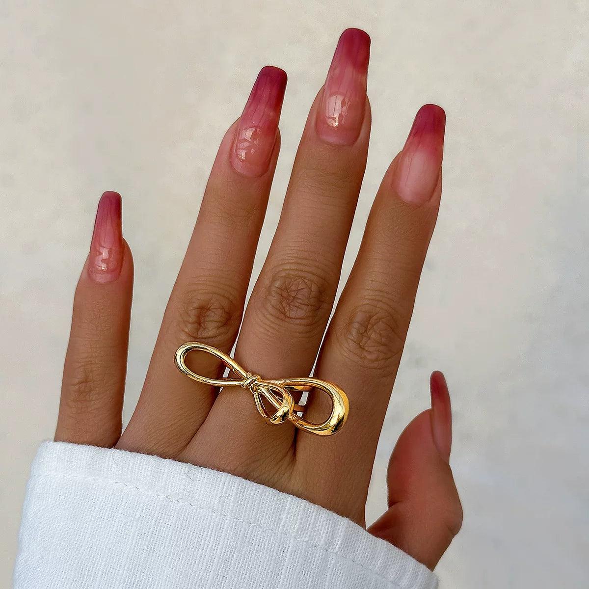 European And American Cross-Border Exaggerated French Metal Glossy Butterfly Ring Women'S Simple Bow Two-Finger Ring Ring