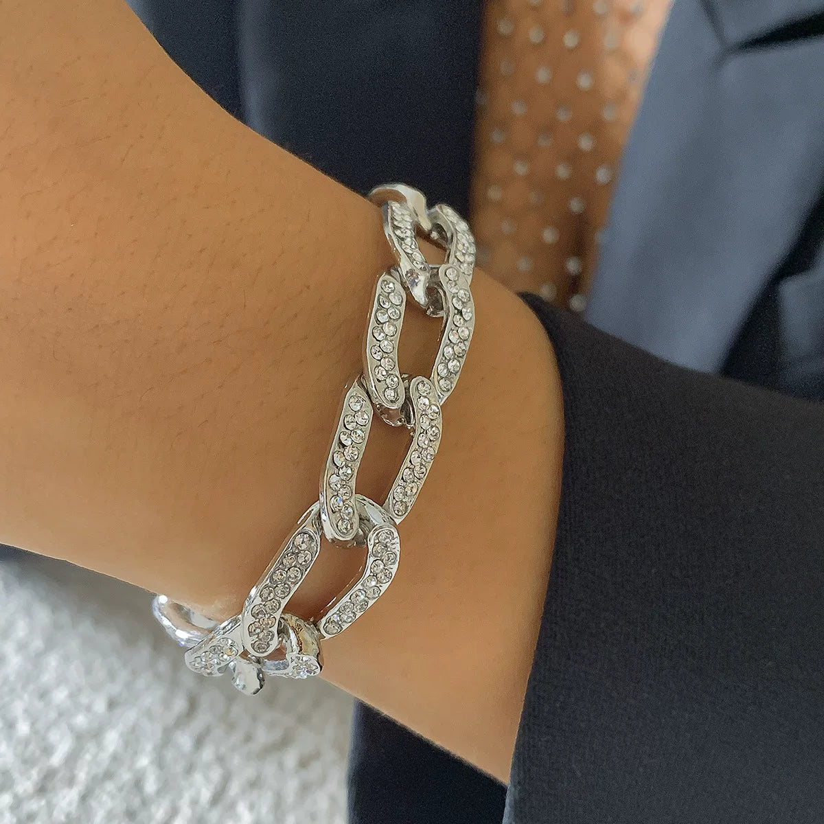 European And American Cross-Border Jewelry, Hip-Hop Diamond-Filled Cuban Chain Necklace For Women, Punk Simple Metal Chain Necklace With Rhinestones