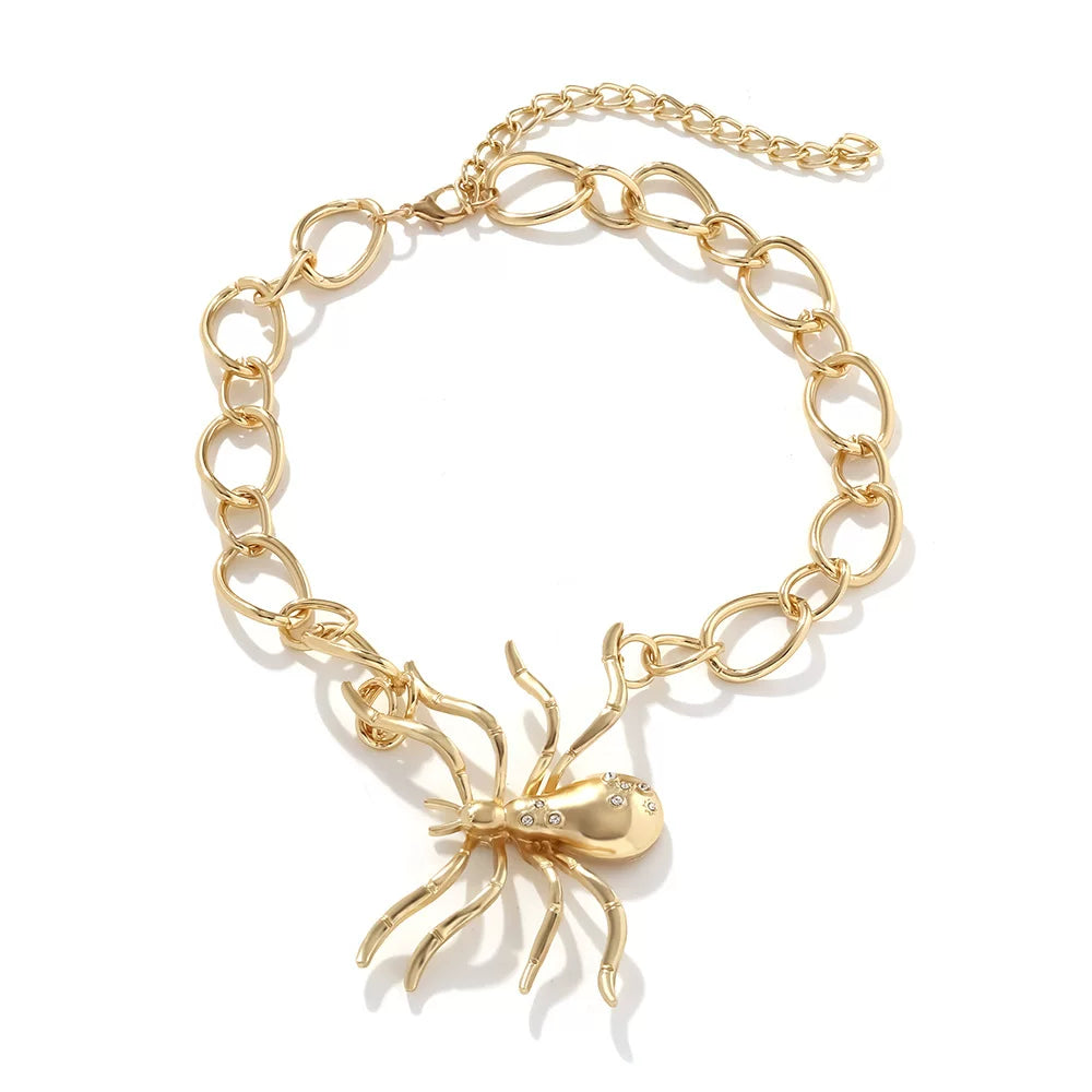 European And American Big-Name Retro Design Niche Metal Spider Necklace Set Funny Exaggerated Ring Earrings