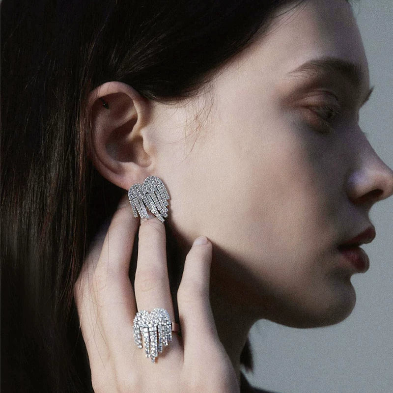 Detsccda | Luxury Full Diamond Inlaid Silver Tassel Earrings for Women Sparkling Statement Jewelry High-End European American Evening Party Accessory 2026