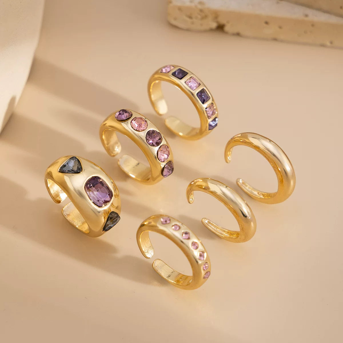 European And American Cross-Border Fashion Ins Style Colorful Gemstone Inlaid Ring Set Personalized Female Metal Glossy Ring