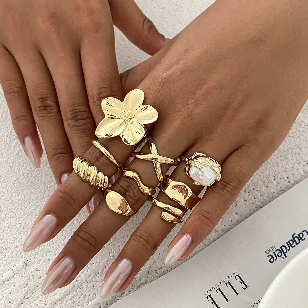 Detsccda | 2026 Women's Open Ring with Baroque Imitation Pearl Inlaid Gemstone and Liquid Lava Flower Design Statement Jewelry