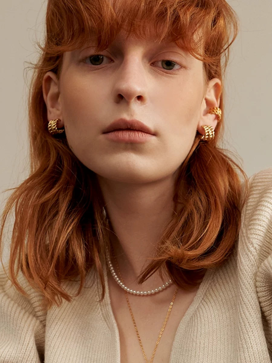 Detsccda | Simple European American Cold Style Twist Braid Chain Earrings Gold-Plated S925 Silver Needle Adjustable Fashionable Versatile Jewelry for Women