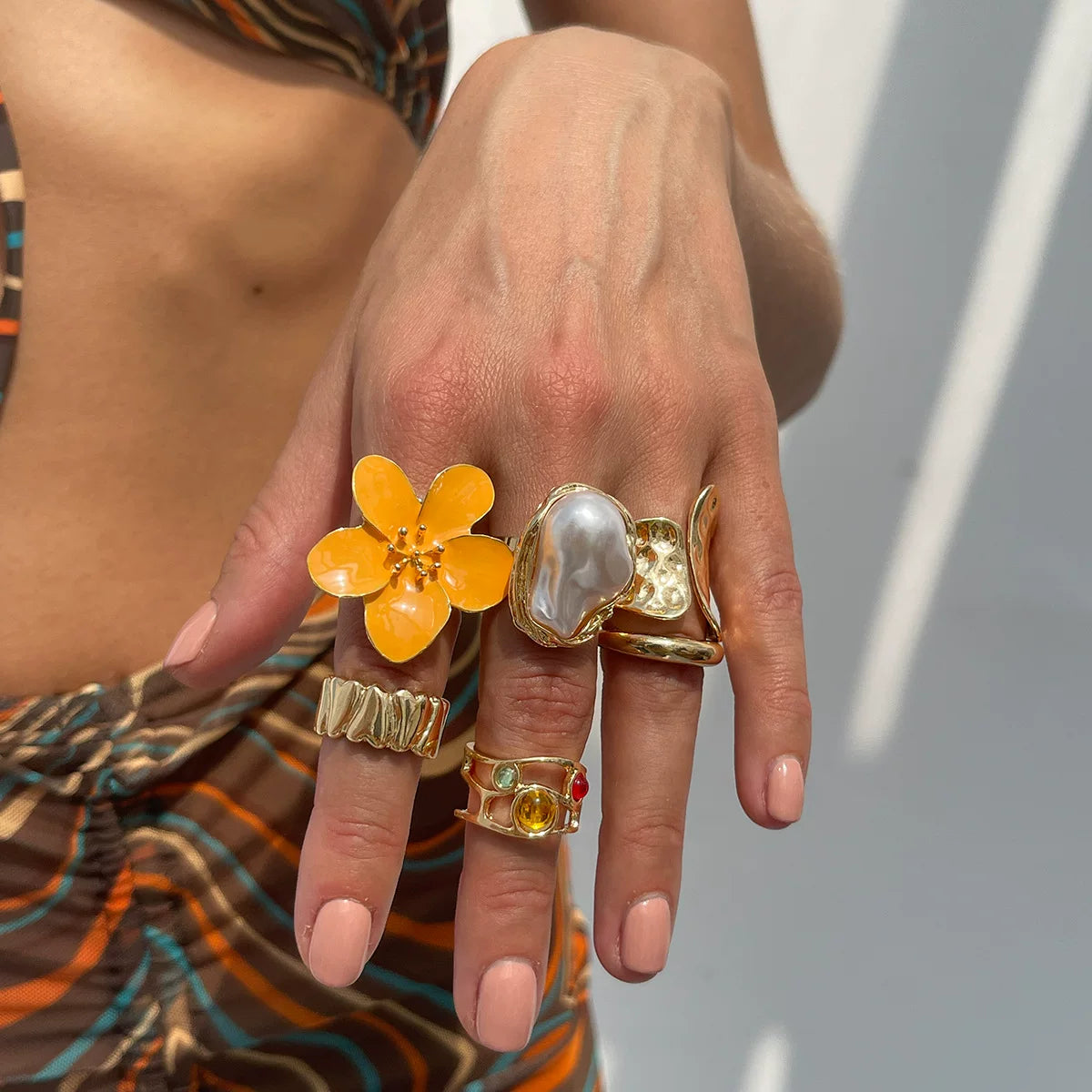 European And American Cross-Border Ins Baroque Imitation Pearl Inlaid Gemstone Ring Design Liquid Lava Flower Open Ring