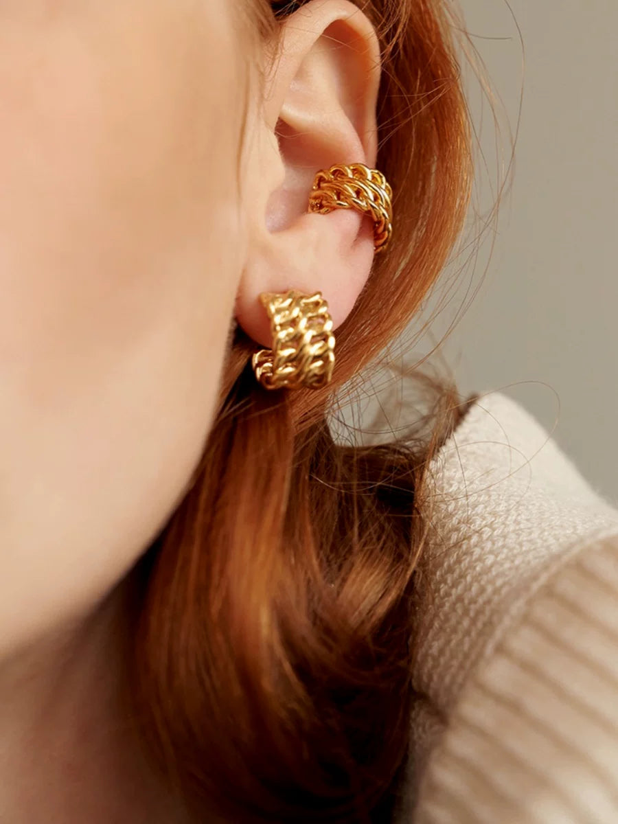 Jilifang Niche Simple European And American Cold Style Twist Braid Chain Fashionable And Versatile Gold-Plated Silver Needle Earrings