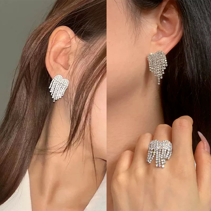 Niche Design Full Diamond Inlaid Shiny Silver Love Tassel Silver Needle Earrings European And American High-End Design Ring Earrings