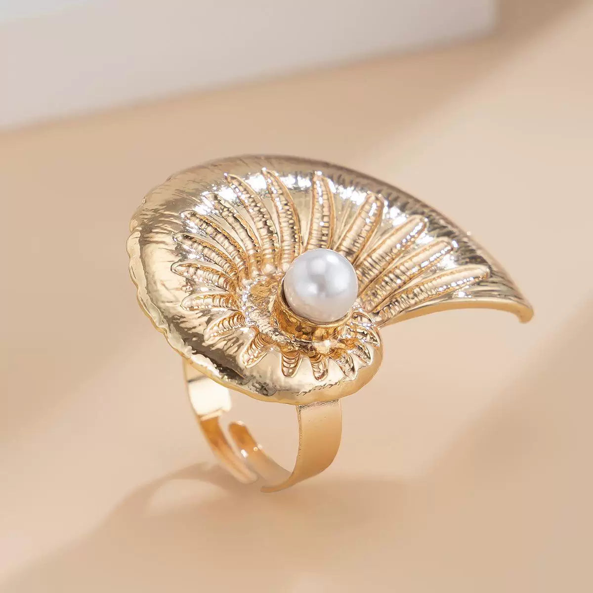 Detsccda | 2026 Metal Starfish Adjustable Ring with Imitation Pearl and Conch-Inspired Details