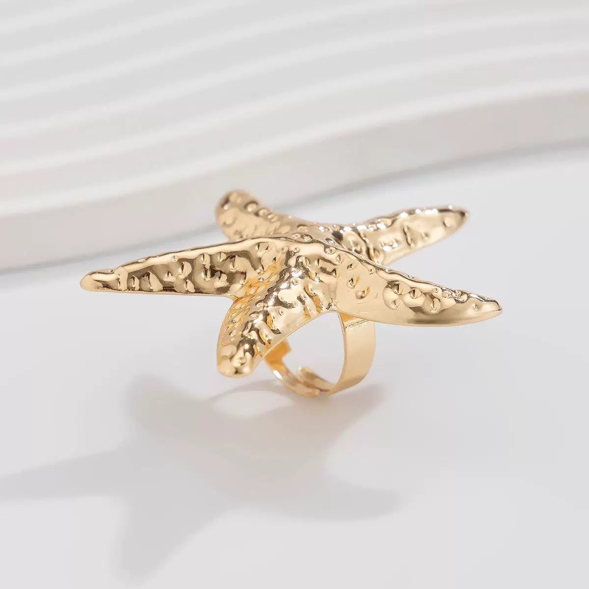 European And American Cross-Border Jewelry Beach Vacation Style Metal Starfish Ring Women'S Exaggerated Imitation Pearl Conch Adjustable Ring